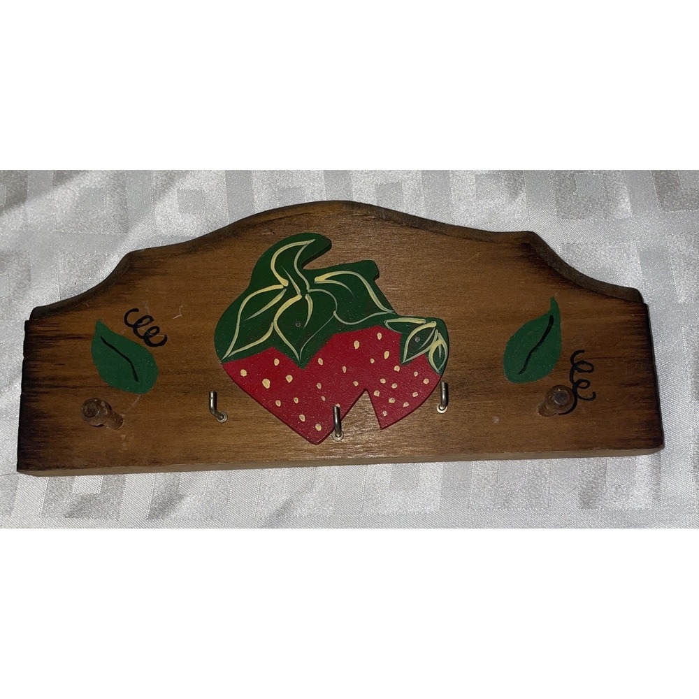 Vintage Hand Painted Wooden  Strawberry Key Hanger Country Primitive Cottagecore
